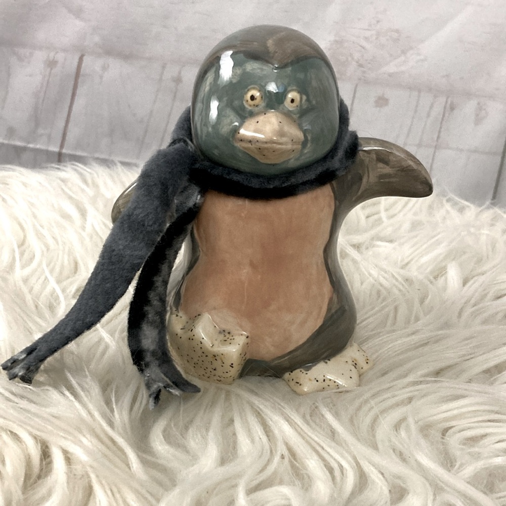 Ceramic Penguin Bank W/Fabric Scarf Signed Stacy